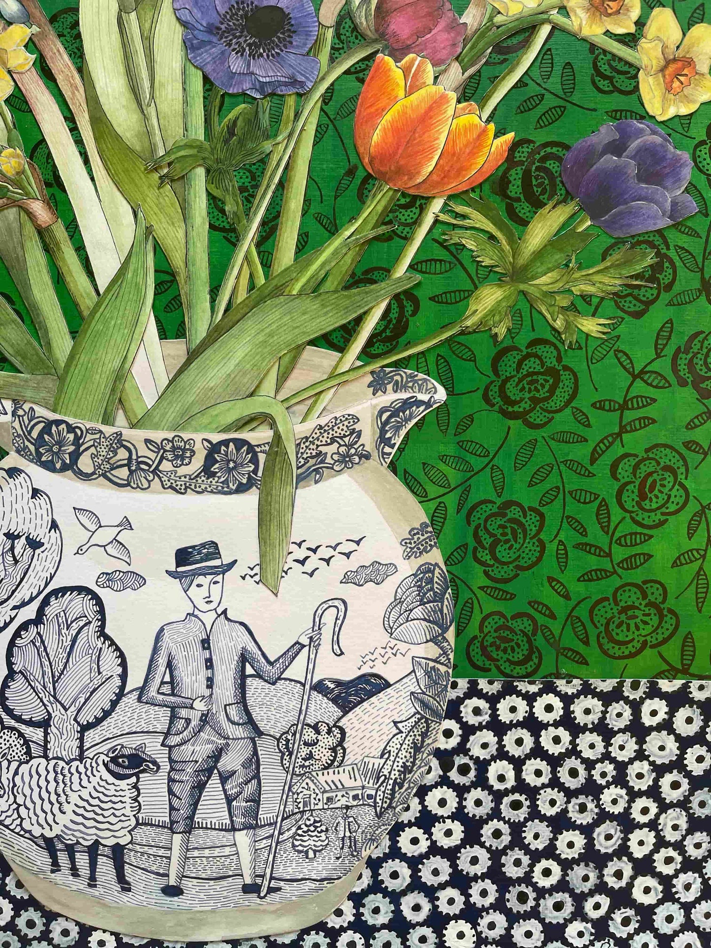 Close up of daffodils, tulips and hyacinths in vintage ceramic jug.