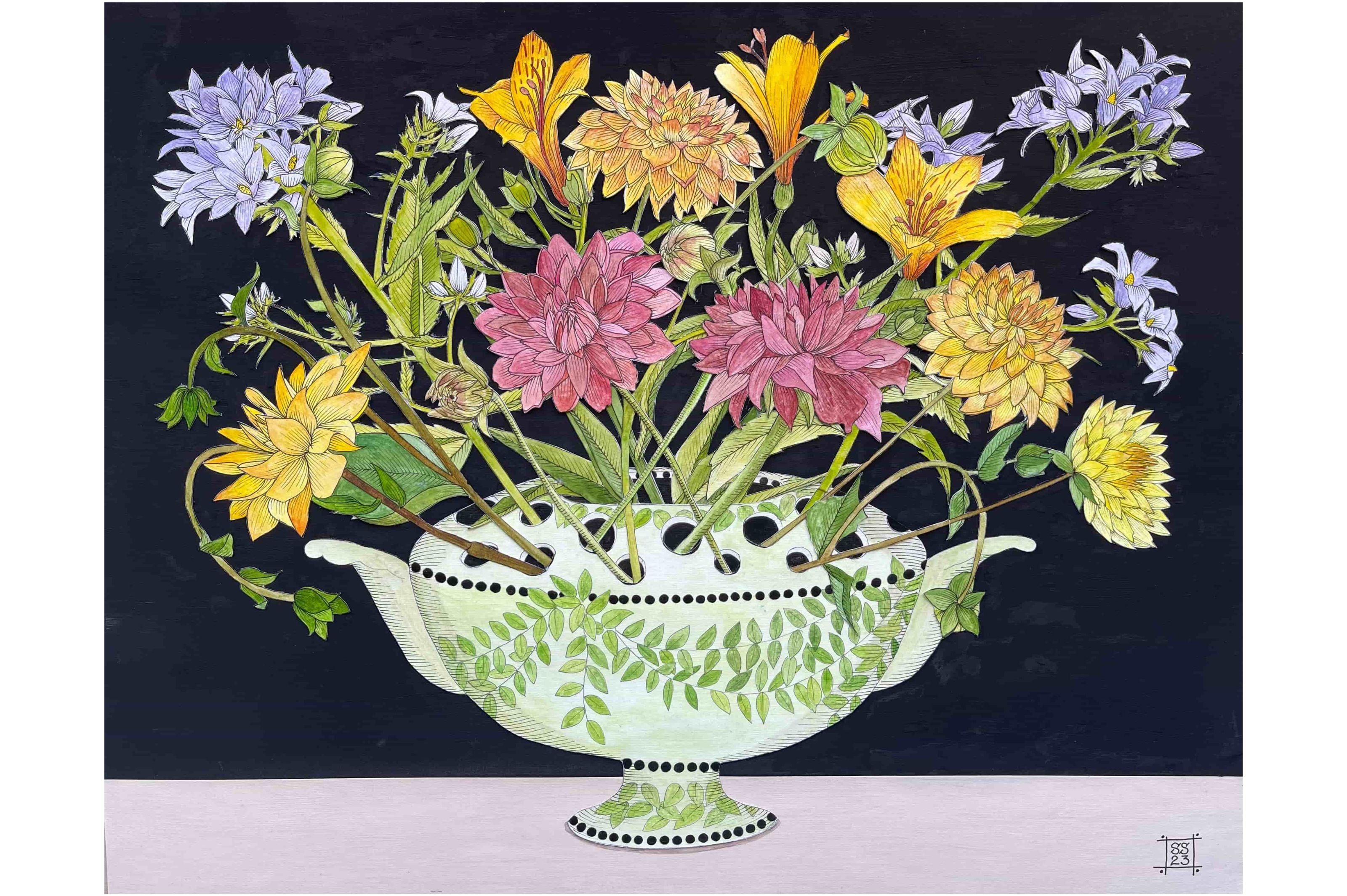 Painting of yellow, pink and lilac flowers in Katrin Moye bough pot.