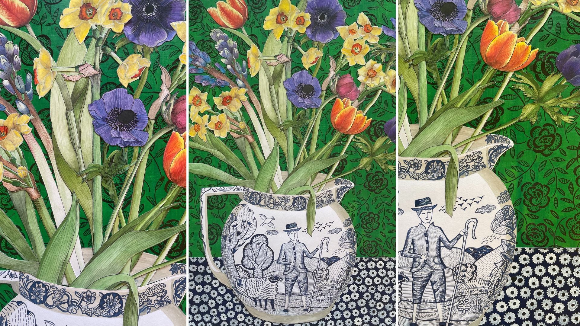 Paintings of daffodils and tulips in vintage white and blue jug.